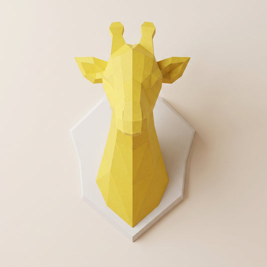 Yellow low poly giraffe papercraft wall trophy made from paper